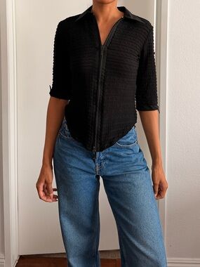 Vintage Rayure Paris “Olivia” Full-Zip Textured Top in Black
